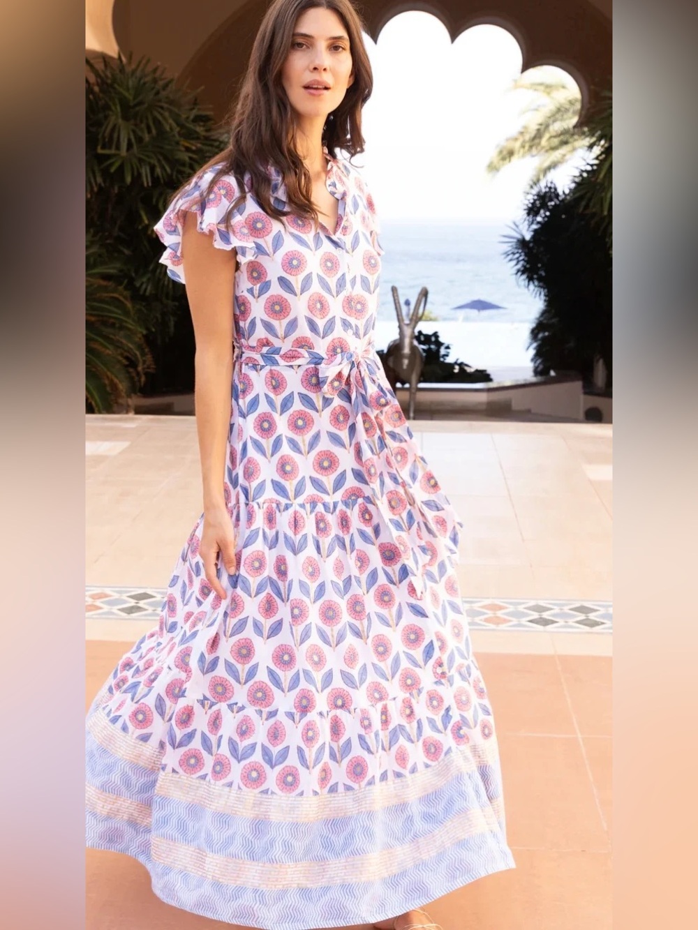 Oliphant flutter sleeve floral maxi dress tie belt button down ruffle collar